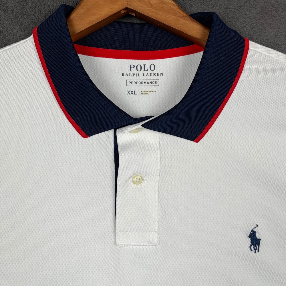 Polo Ralph Lauren Performance Polo Shirt Mens XXL White Navy Red Colorblock